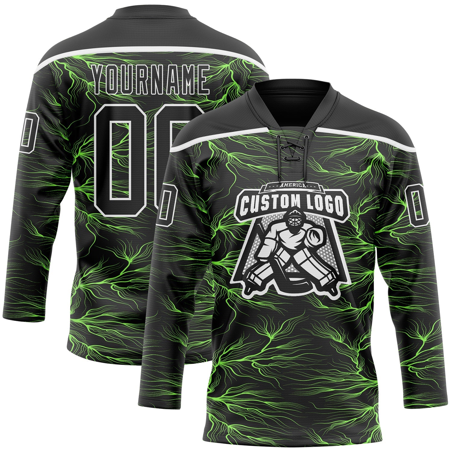 Custom Black Green-White Lightning Hockey Lace Neck Jersey view 2