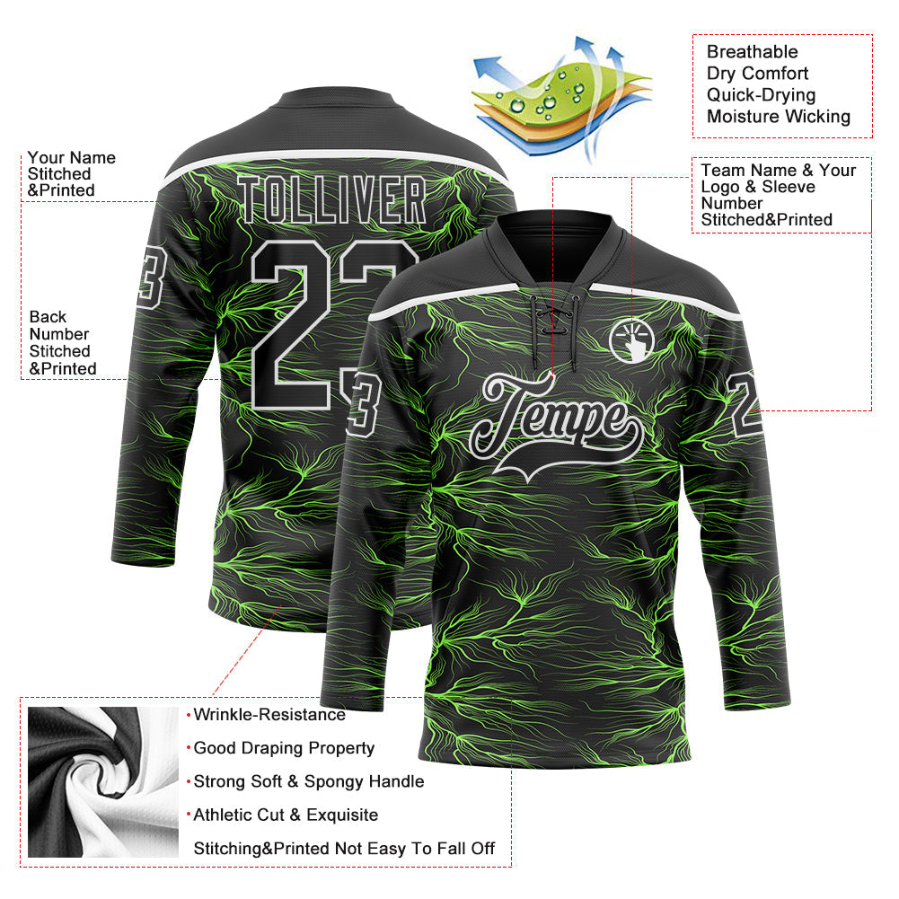 Custom Black Green-White Lightning Hockey Lace Neck Jersey view 5