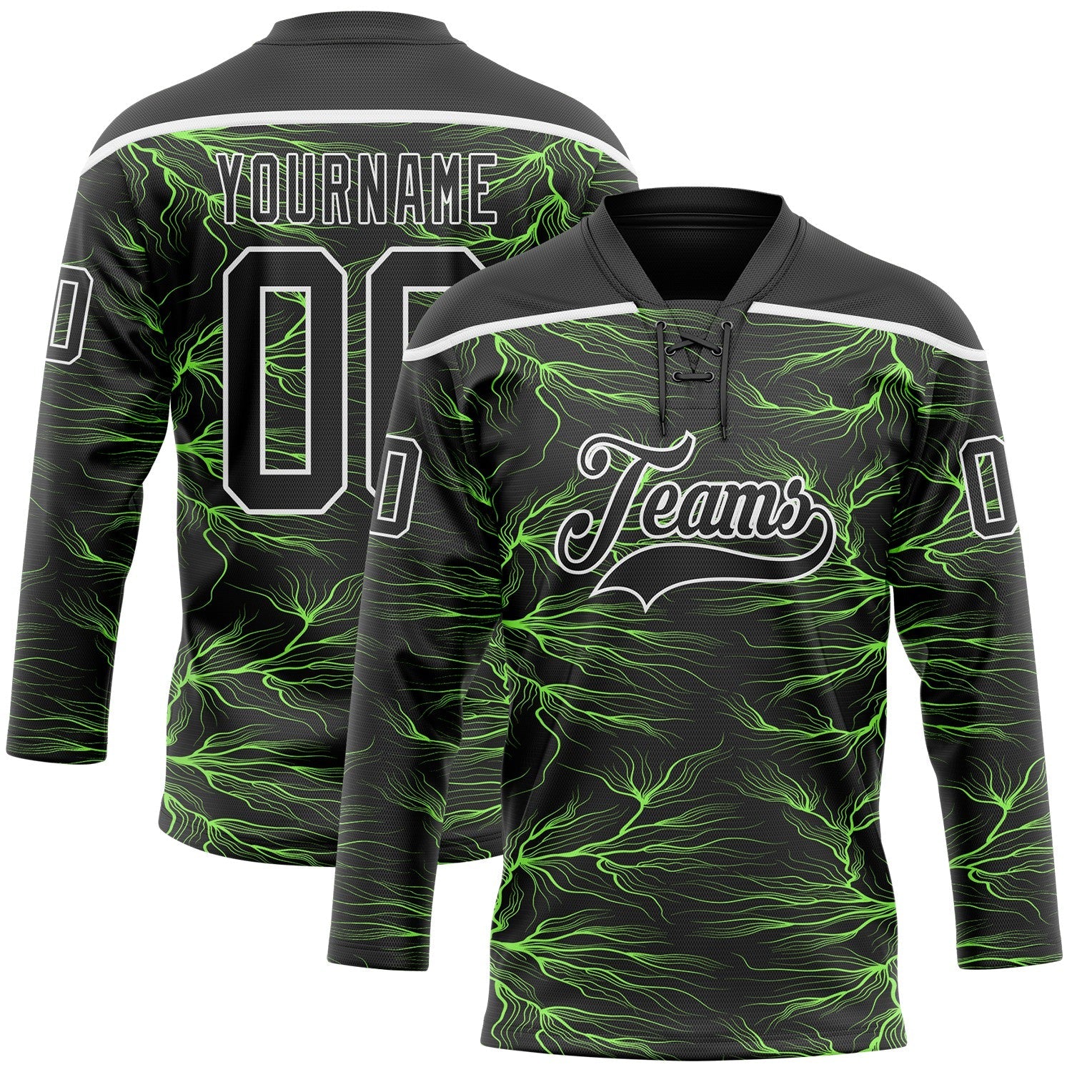 Custom Black Green-White Lightning Hockey Lace Neck Jersey - Main View