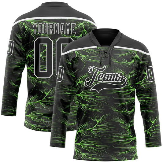 Custom Black Green-White Lightning Hockey Lace Neck Jersey - Main View
