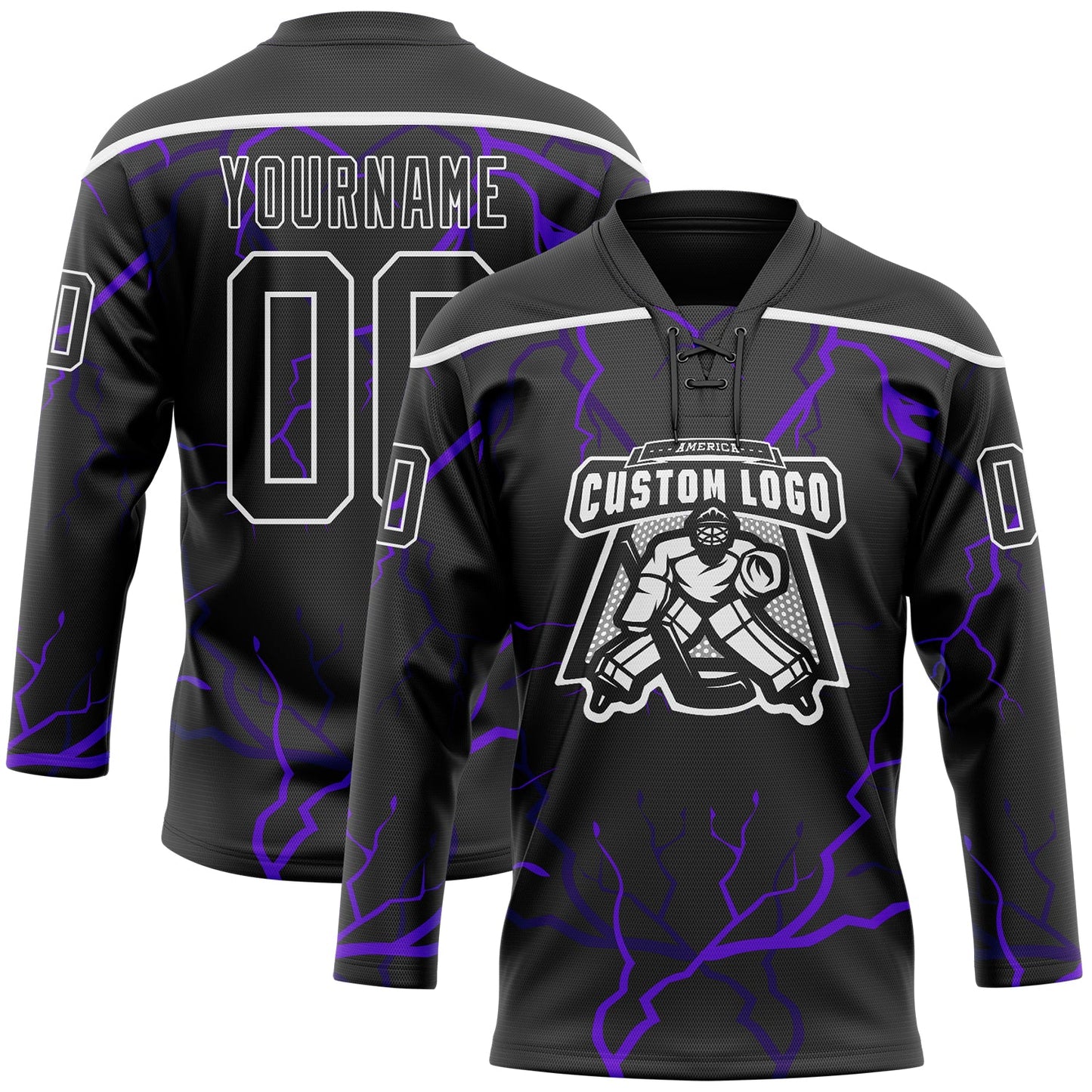 Custom Black Purple-White Lightning Hockey Lace Neck Jersey view 2