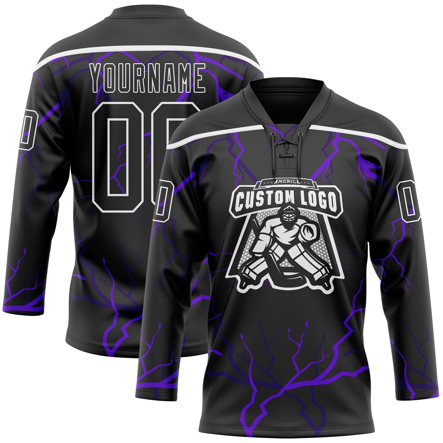 Custom Black Purple-White Lightning Hockey Lace Neck Jersey view 2
