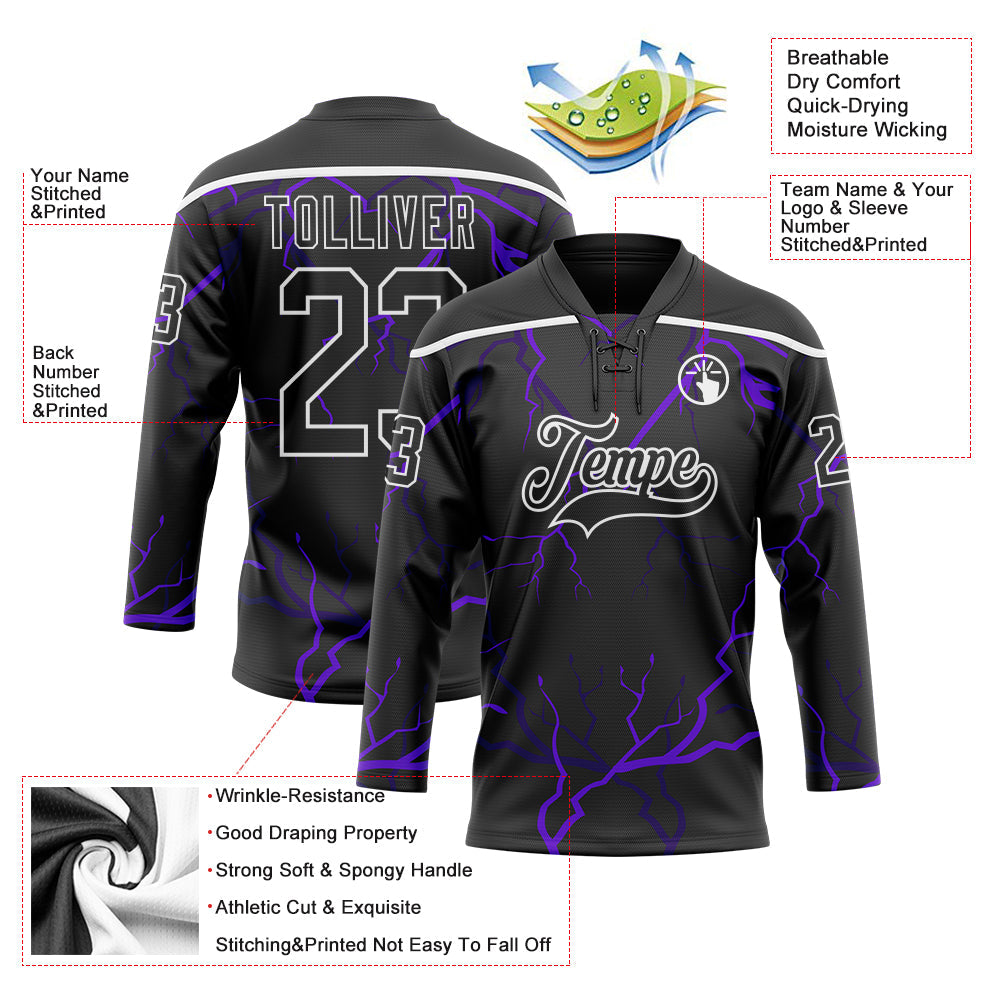 Custom Black Purple-White Lightning Hockey Lace Neck Jersey view 5