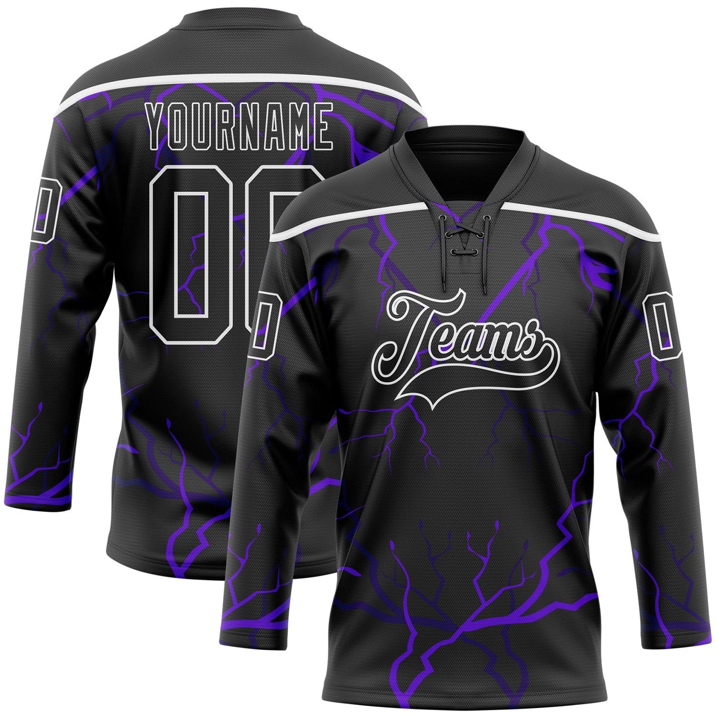 Custom Black Purple-White Lightning Hockey Lace Neck Jersey - Main View
