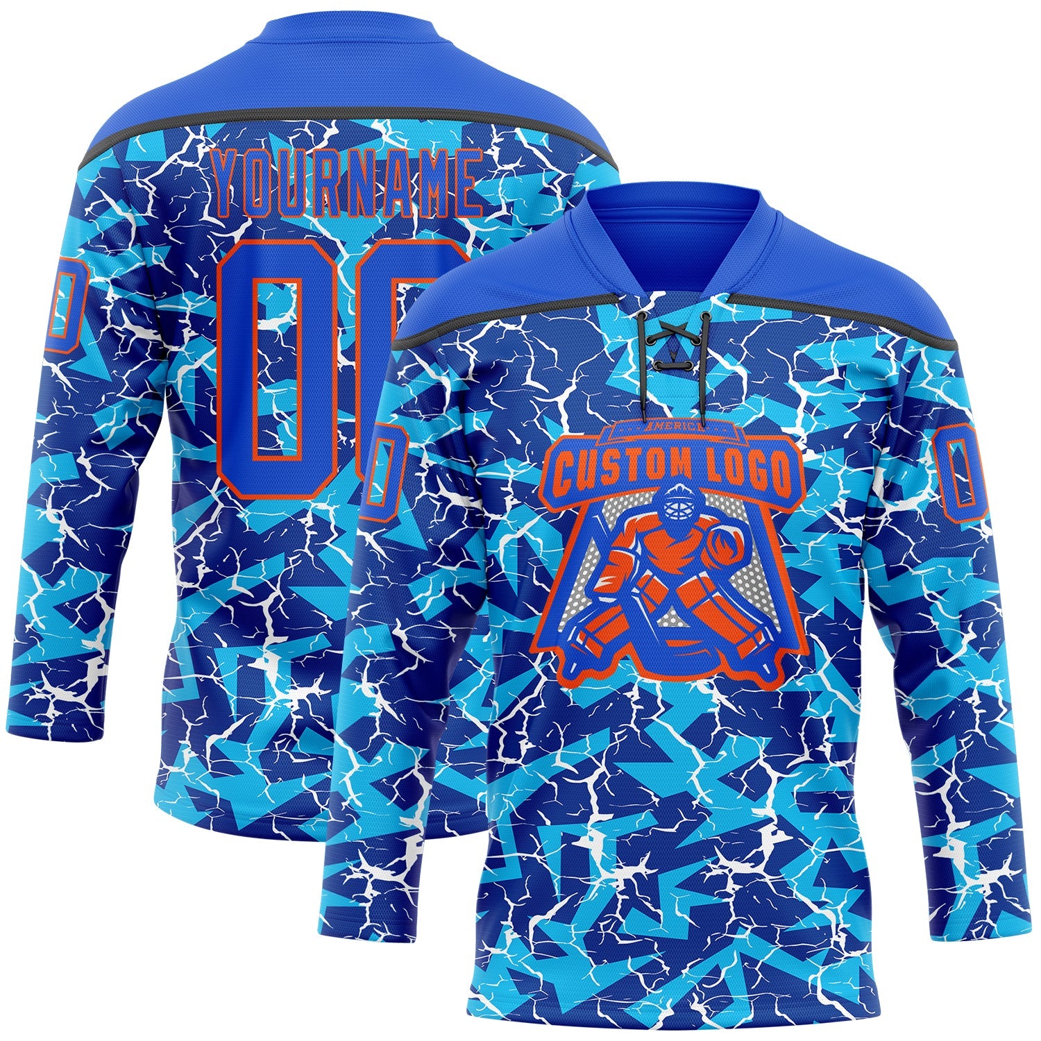 Custom Thunder Blue Orange-Black Lightning Hockey Lace Neck Jersey view 2