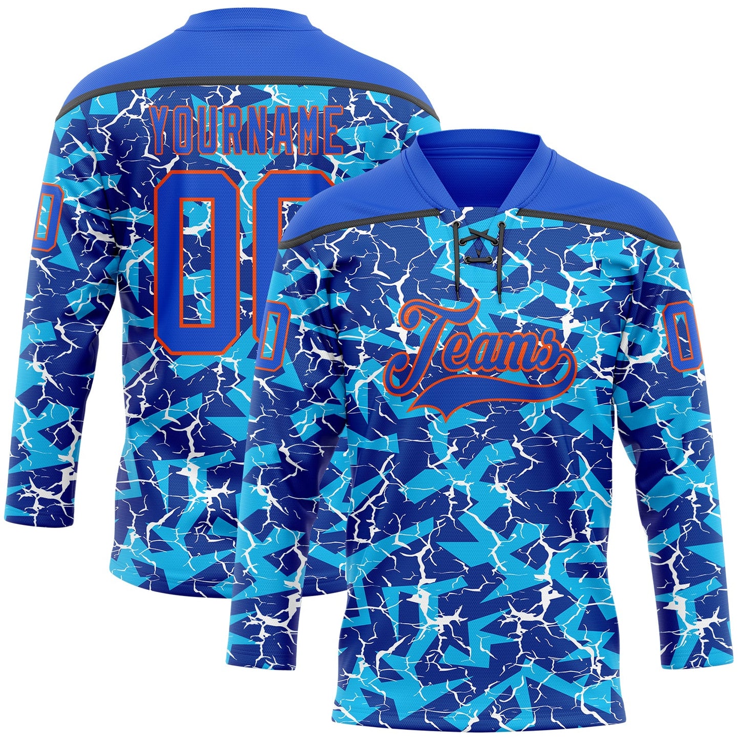 Custom Thunder Blue Orange-Black Lightning Hockey Lace Neck Jersey - Main View