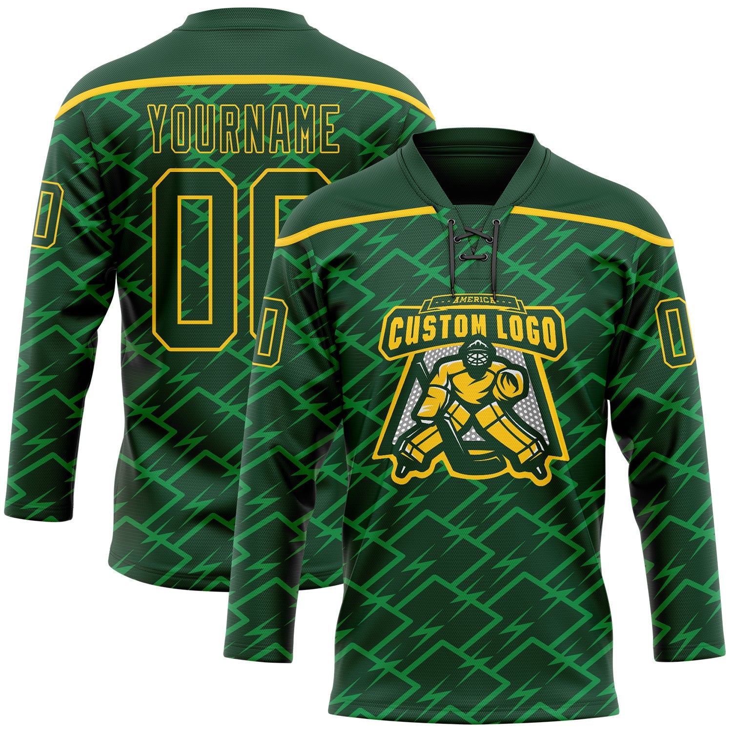 Custom Green Yellow Lightning Hockey Lace Neck Jersey view 2