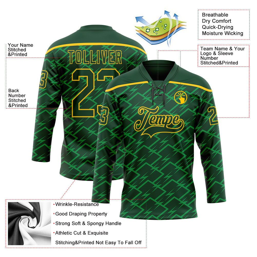 Custom Green Yellow Lightning Hockey Lace Neck Jersey view 5