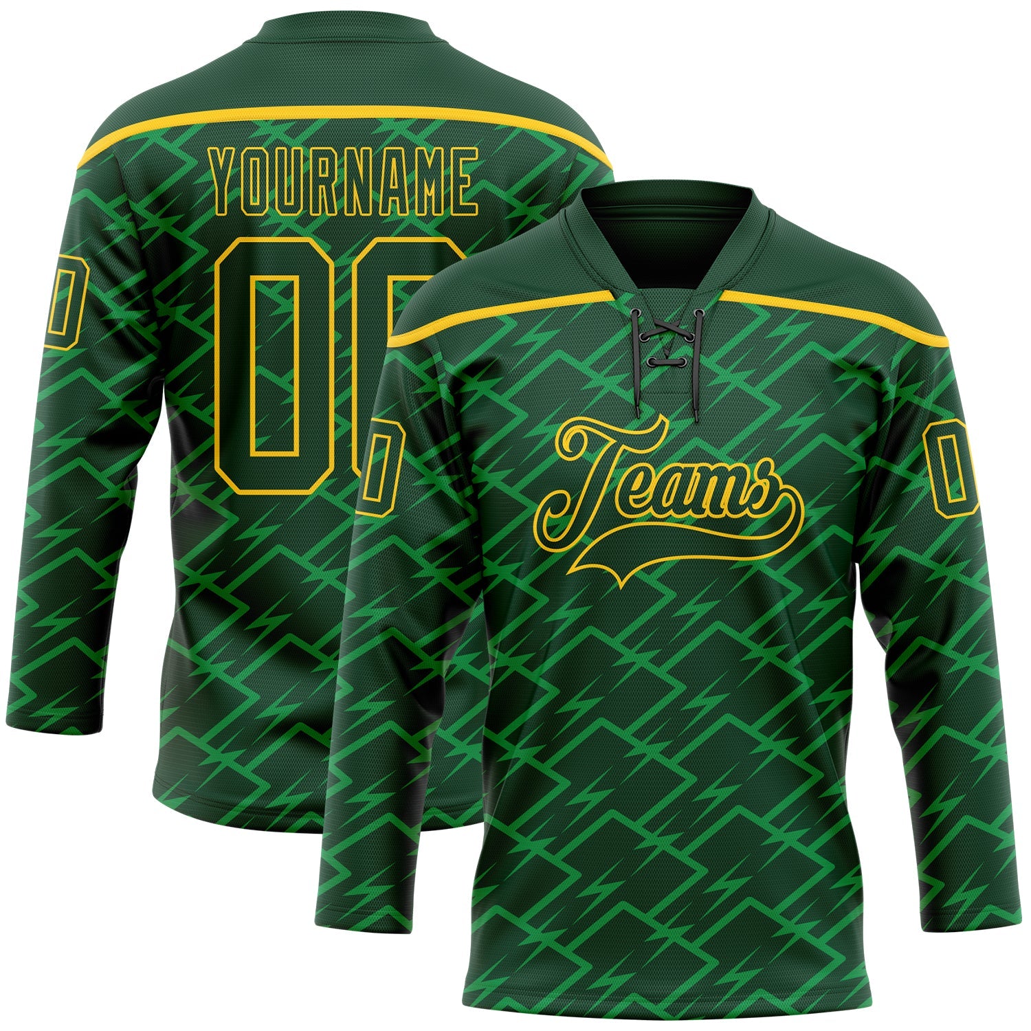 Custom Green Yellow Lightning Hockey Lace Neck Jersey - Main View