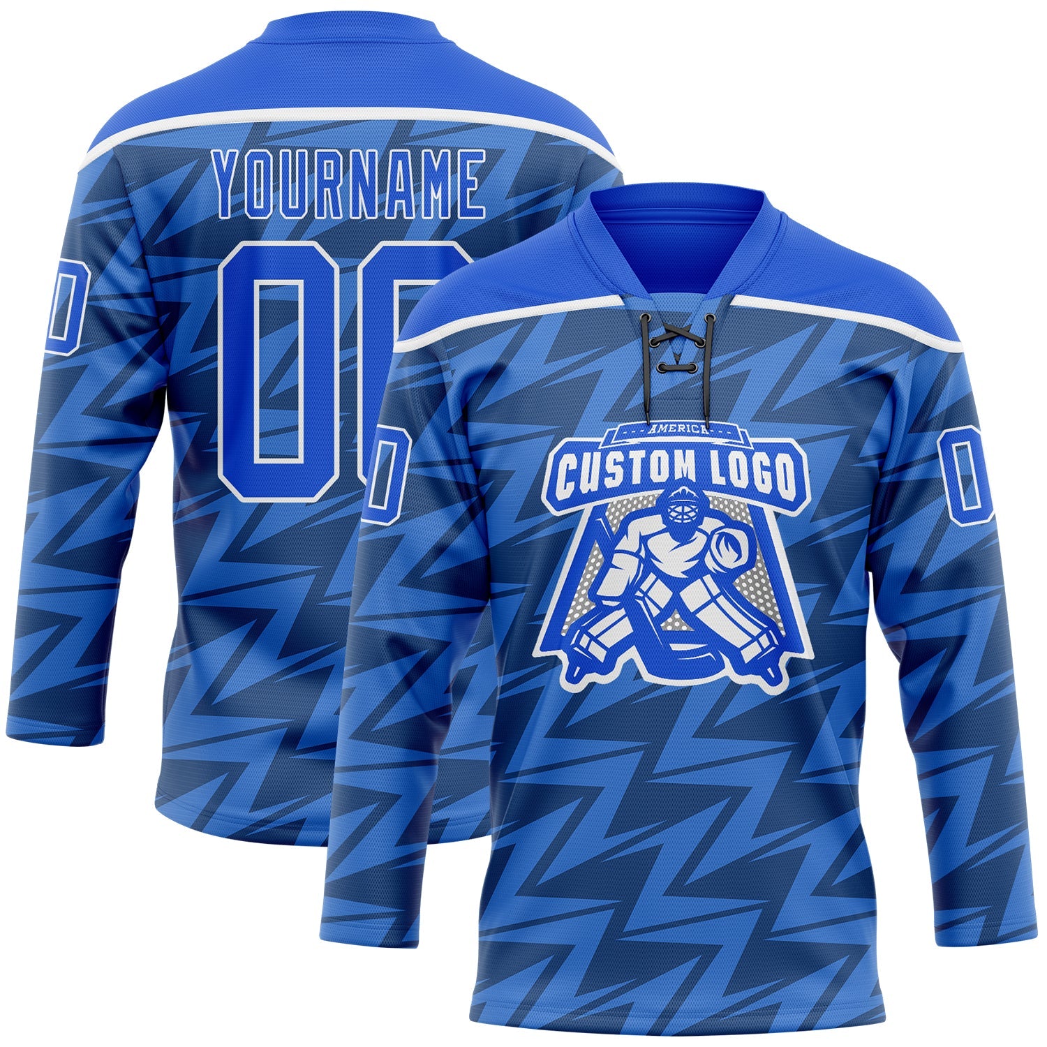 Custom Thunder Blue White Lightning Hockey Lace Neck Jersey view 2