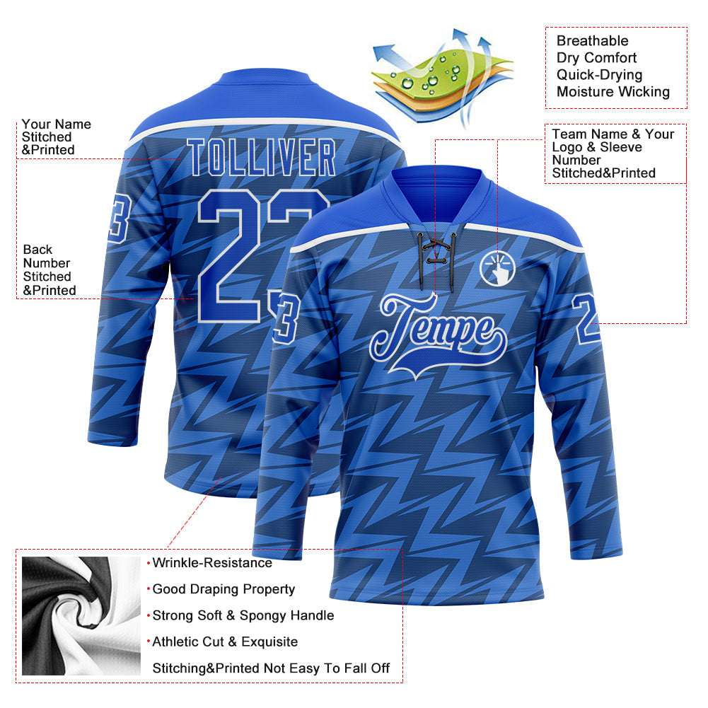 Custom Thunder Blue White Lightning Hockey Lace Neck Jersey view 5