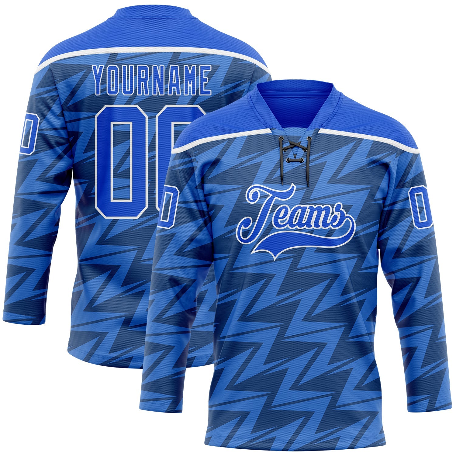 Custom Thunder Blue White Lightning Hockey Lace Neck Jersey - Main View