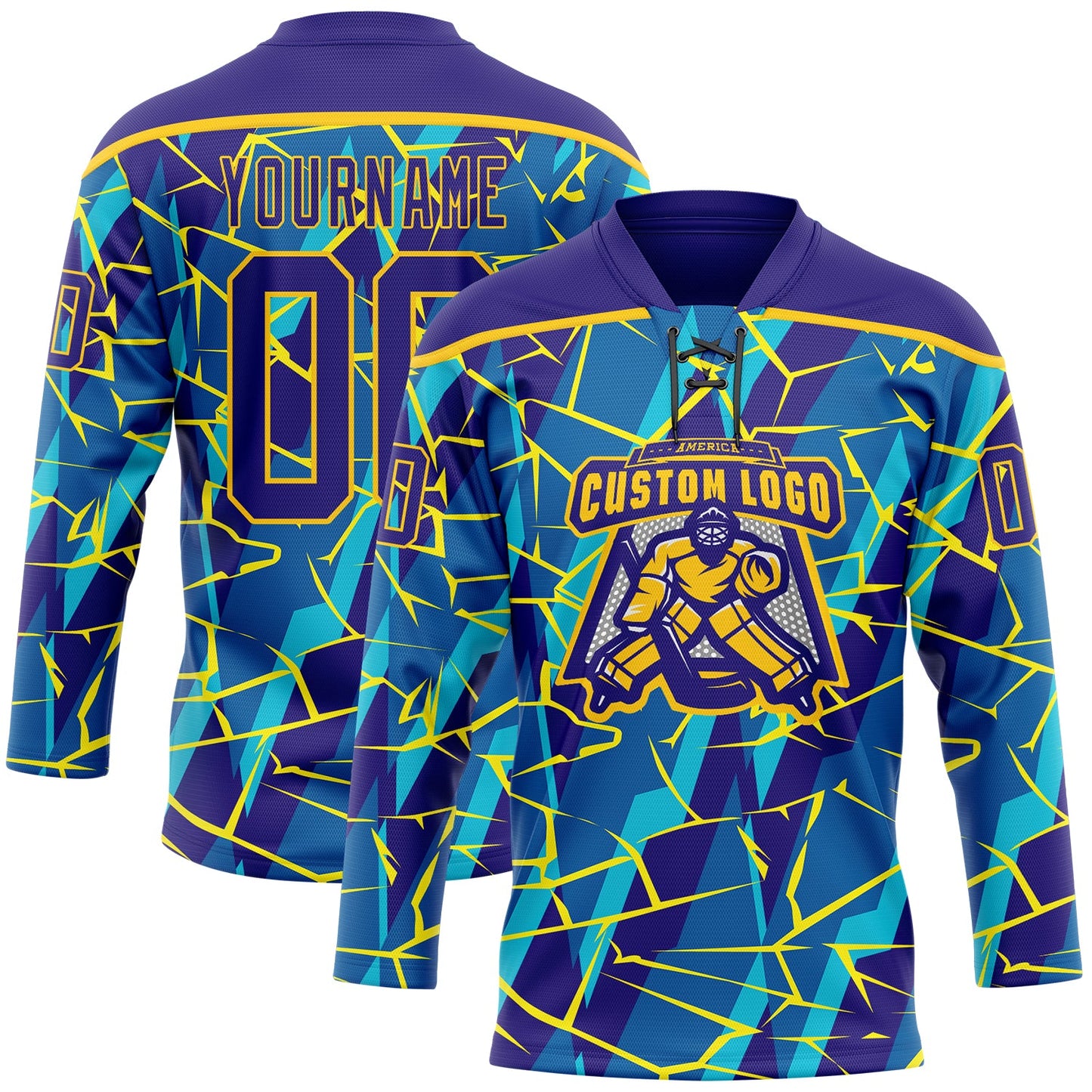Custom Blue Dark Purple-Yellow Lightning Hockey Lace Neck Jersey view 2