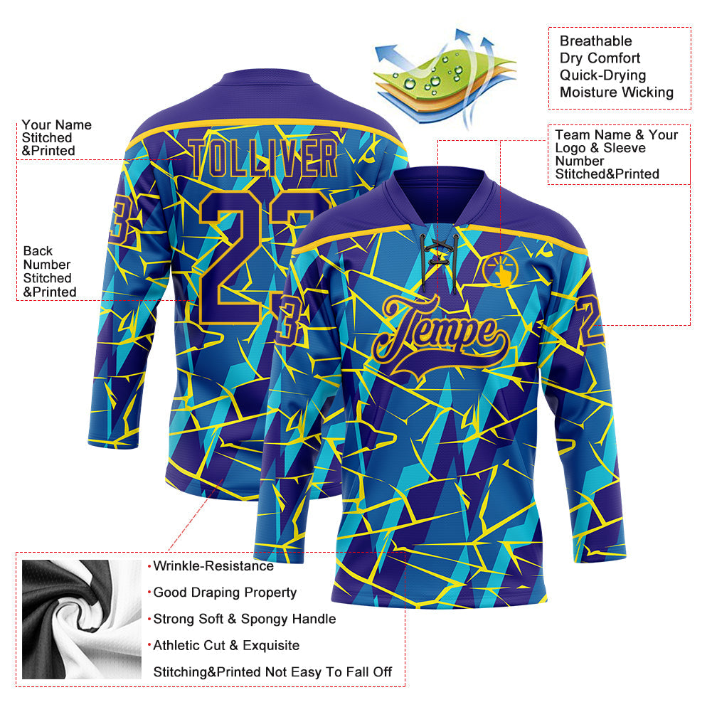 Custom Blue Dark Purple-Yellow Lightning Hockey Lace Neck Jersey view 5
