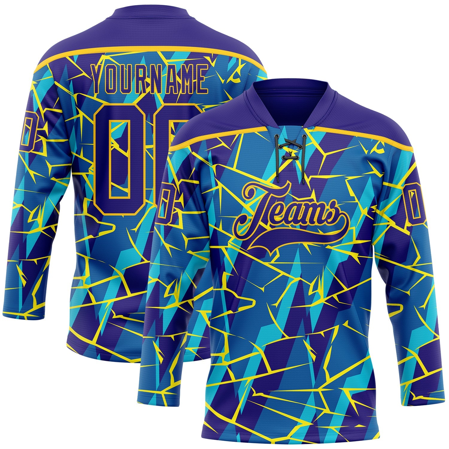 Custom Blue Dark Purple-Yellow Lightning Hockey Lace Neck Jersey - Main View