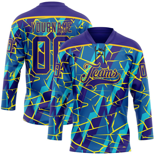 Custom Blue Dark Purple-Yellow Lightning Hockey Lace Neck Jersey - Main View