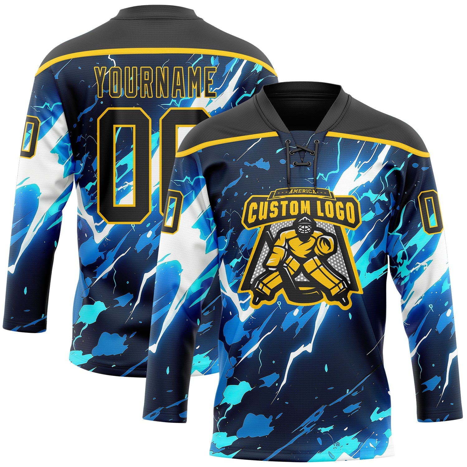 Custom Black Blue Yellow-White Lightning Hockey Lace Neck Jersey view 2