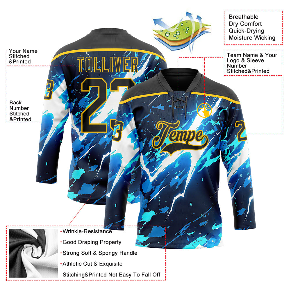 Custom Black Blue Yellow-White Lightning Hockey Lace Neck Jersey view 5