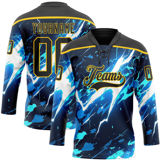 Custom Black Blue Yellow-White Lightning Hockey Lace Neck Jersey - Main View