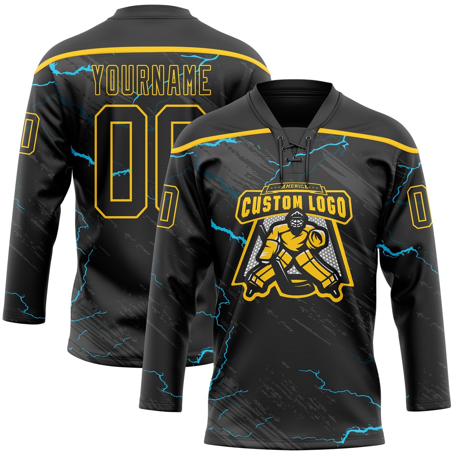 Custom Black Blue-Yellow Lightning Hockey Lace Neck Jersey view 2