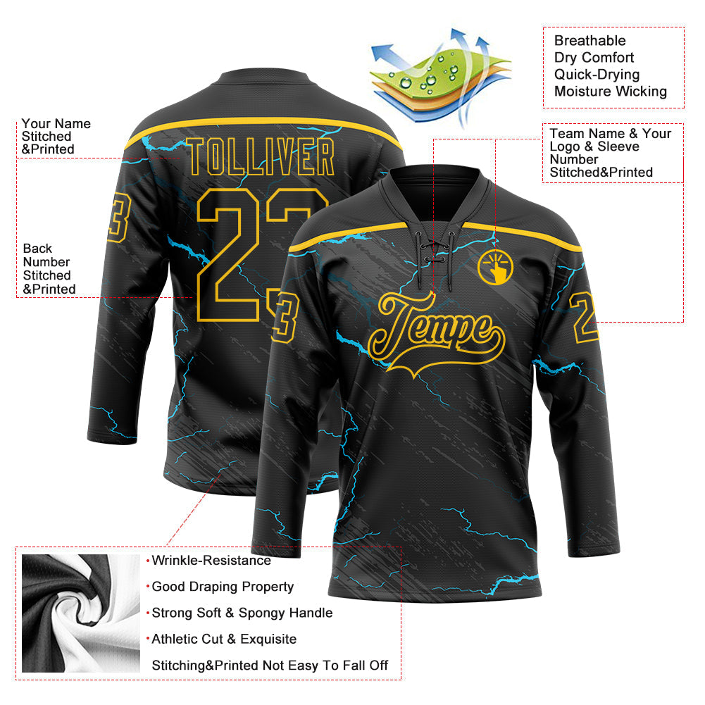 Custom Black Blue-Yellow Lightning Hockey Lace Neck Jersey view 5