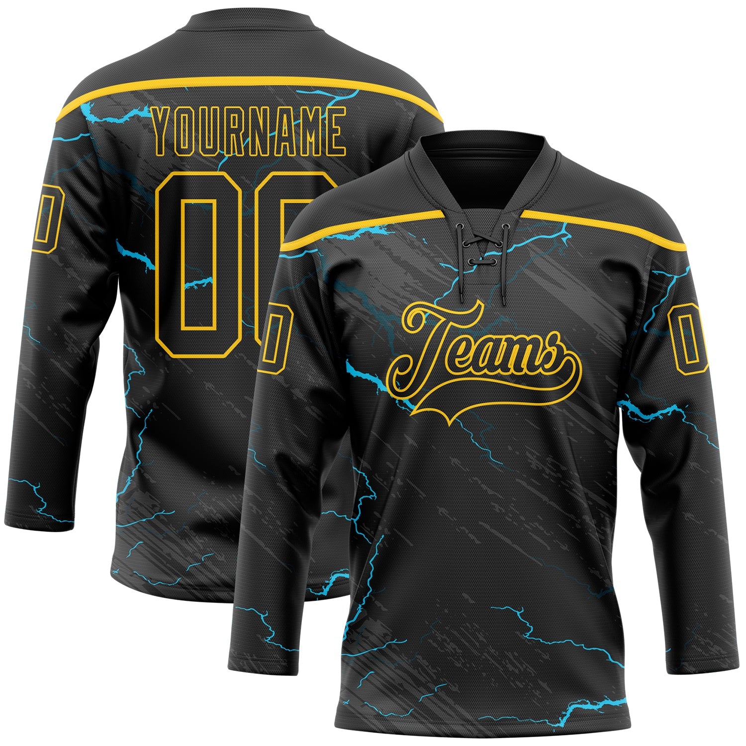 Custom Black Blue-Yellow Lightning Hockey Lace Neck Jersey - Main View