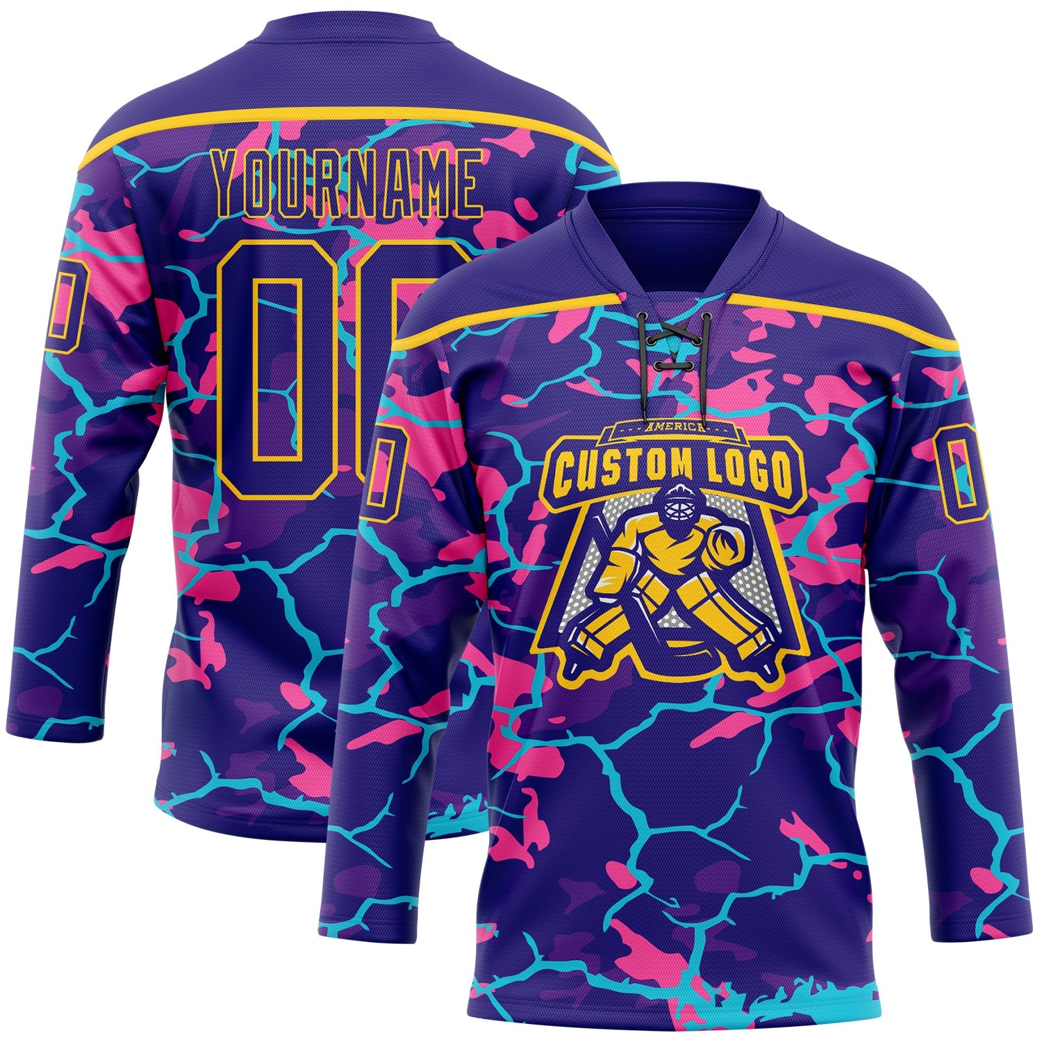 Custom Dark Purple Pink Blue-Yellow Lightning Hockey Lace Neck Jersey view 2