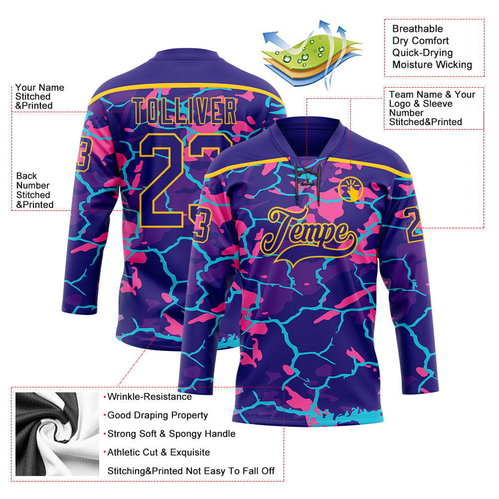 Custom Dark Purple Pink Blue-Yellow Lightning Hockey Lace Neck Jersey view 5