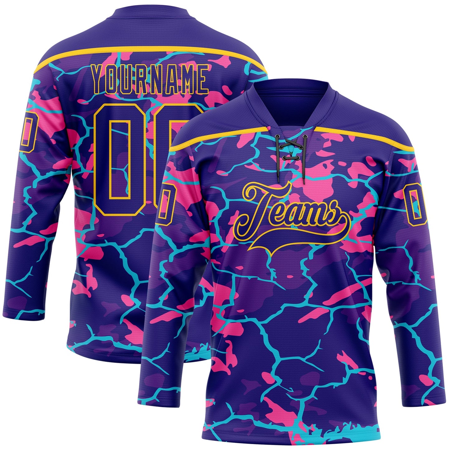 Custom Dark Purple Pink Blue-Yellow Lightning Hockey Lace Neck Jersey - Main View