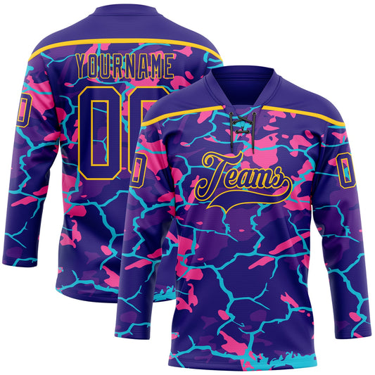 Custom Dark Purple Pink Blue-Yellow Lightning Hockey Lace Neck Jersey - Main View