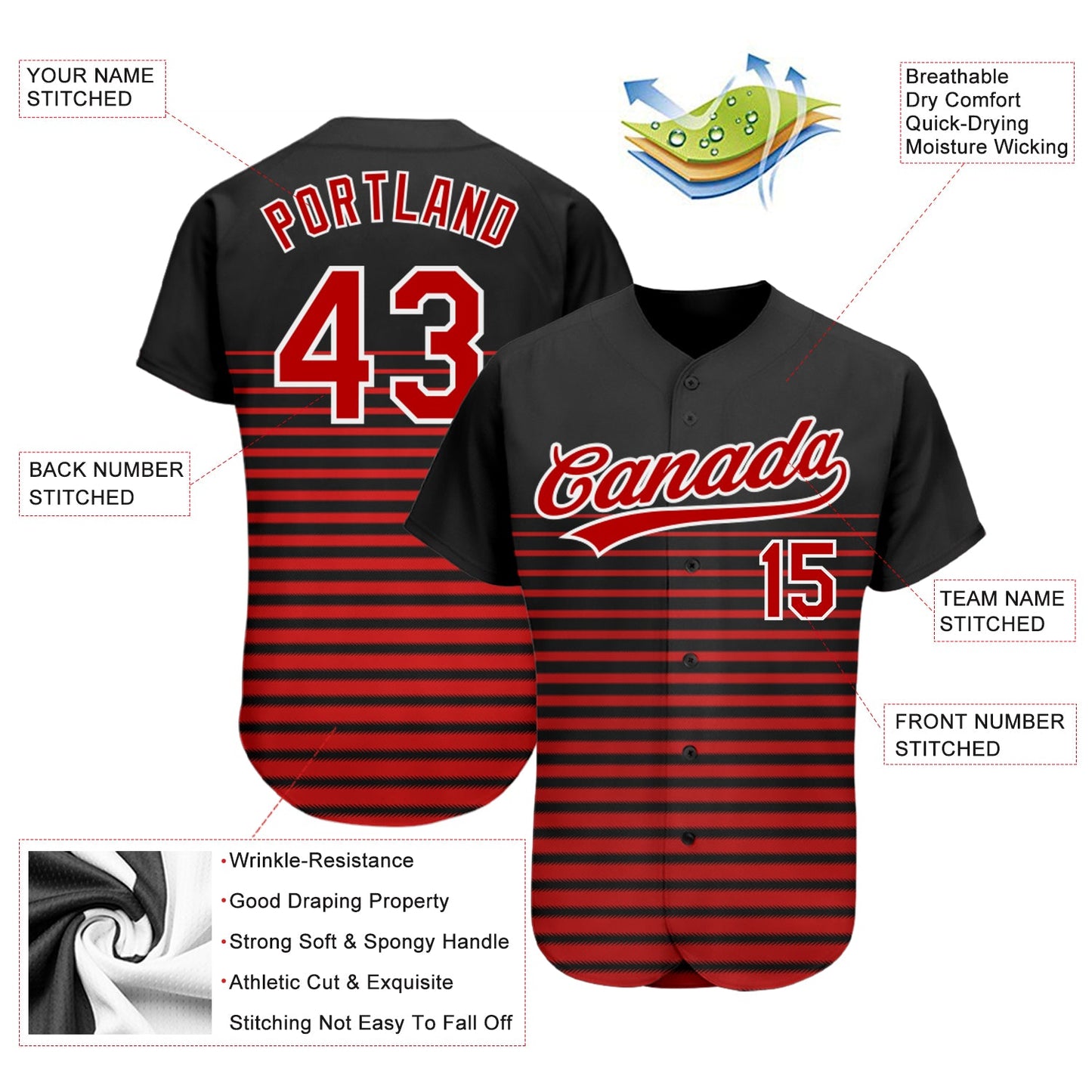 Custom Black Red-White 3D Pattern Design Authentic Baseball Jersey view 3