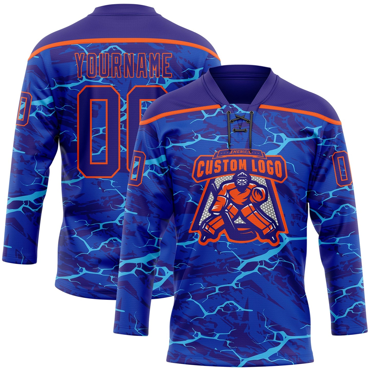 Custom Dark Purple Blue-Orange Lightning Hockey Lace Neck Jersey view 2