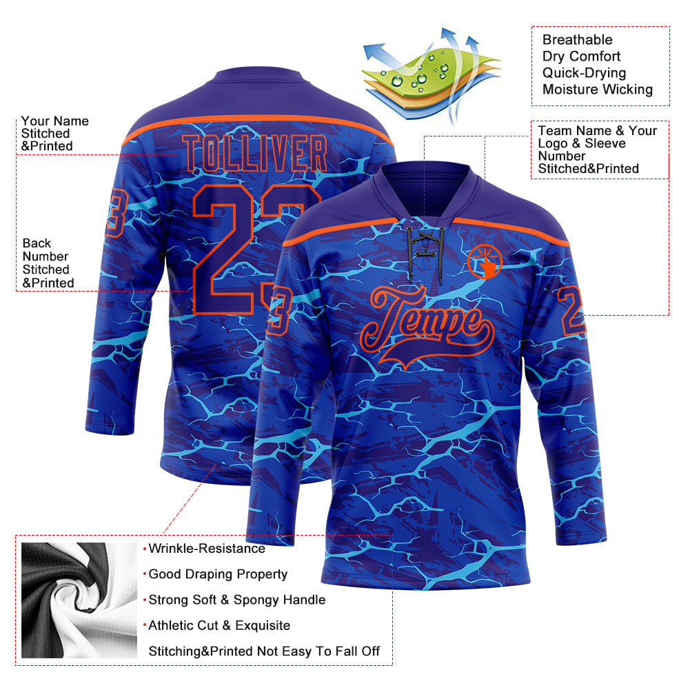 Custom Dark Purple Blue-Orange Lightning Hockey Lace Neck Jersey view 5