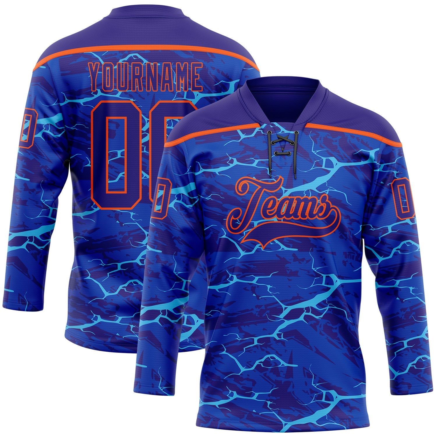 Custom Dark Purple Blue-Orange Lightning Hockey Lace Neck Jersey - Main View