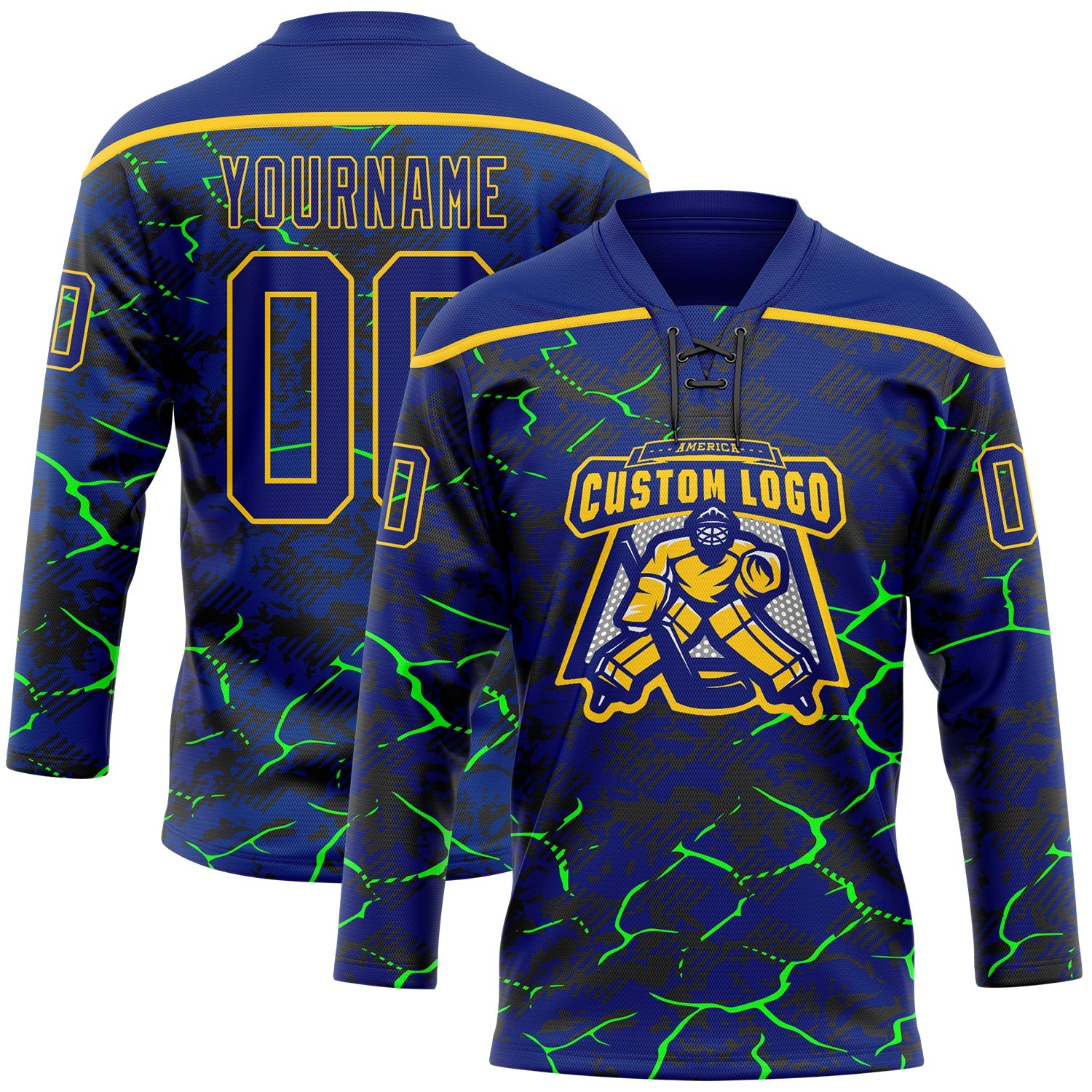 Custom Royal Green Black-Yellow Lightning Hockey Lace Neck Jersey view 2