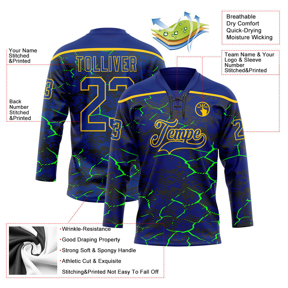 Custom Royal Green Black-Yellow Lightning Hockey Lace Neck Jersey view 5