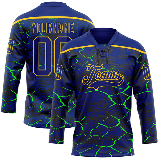 Custom Royal Green Black-Yellow Lightning Hockey Lace Neck Jersey - Main View