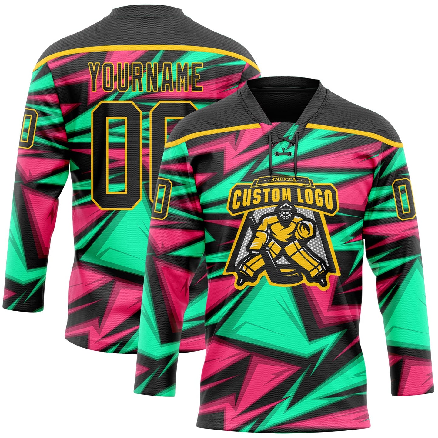 Custom Black Green Pink-Yellow Lightning Hockey Lace Neck Jersey view 2