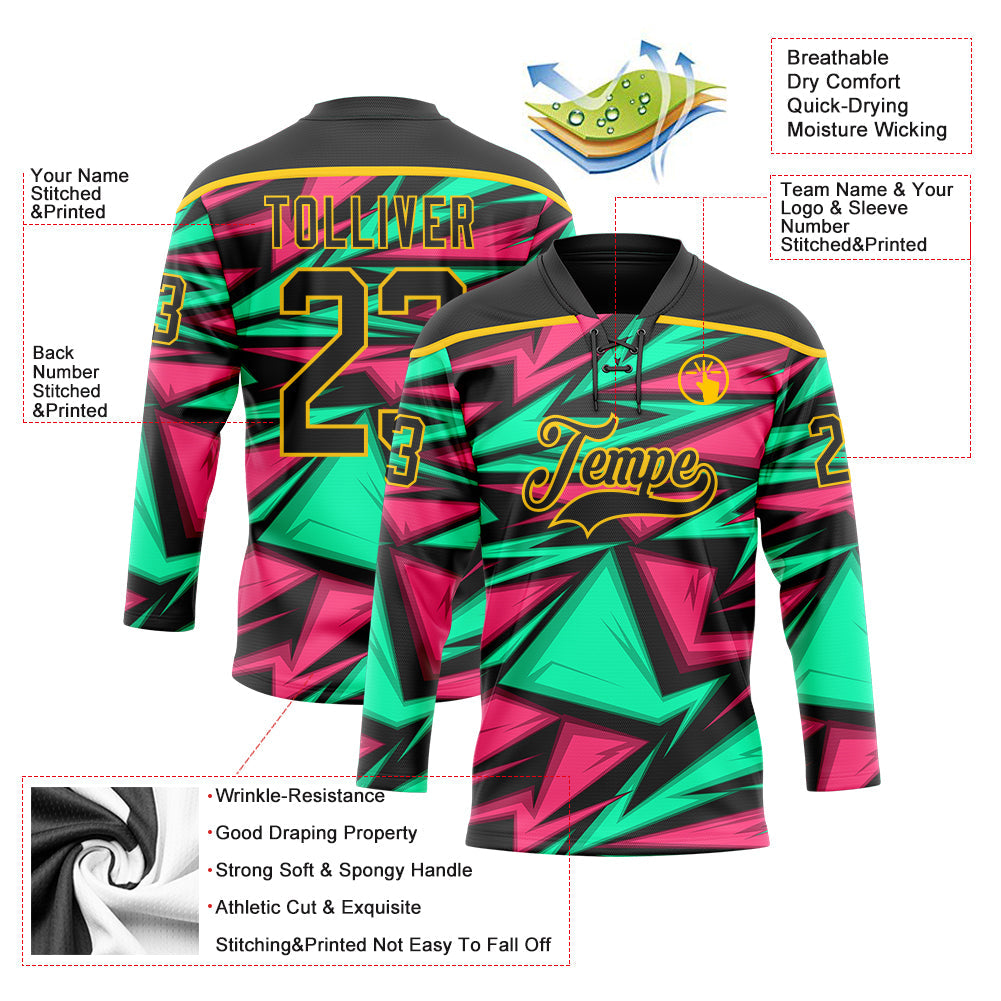 Custom Black Green Pink-Yellow Lightning Hockey Lace Neck Jersey view 5