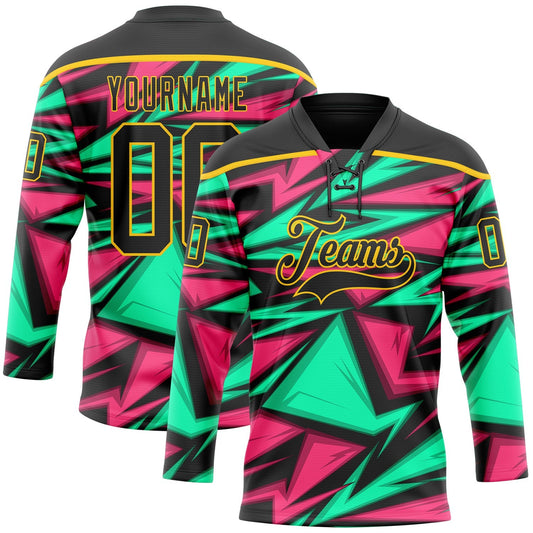 Custom Black Green Pink-Yellow Lightning Hockey Lace Neck Jersey - Main View