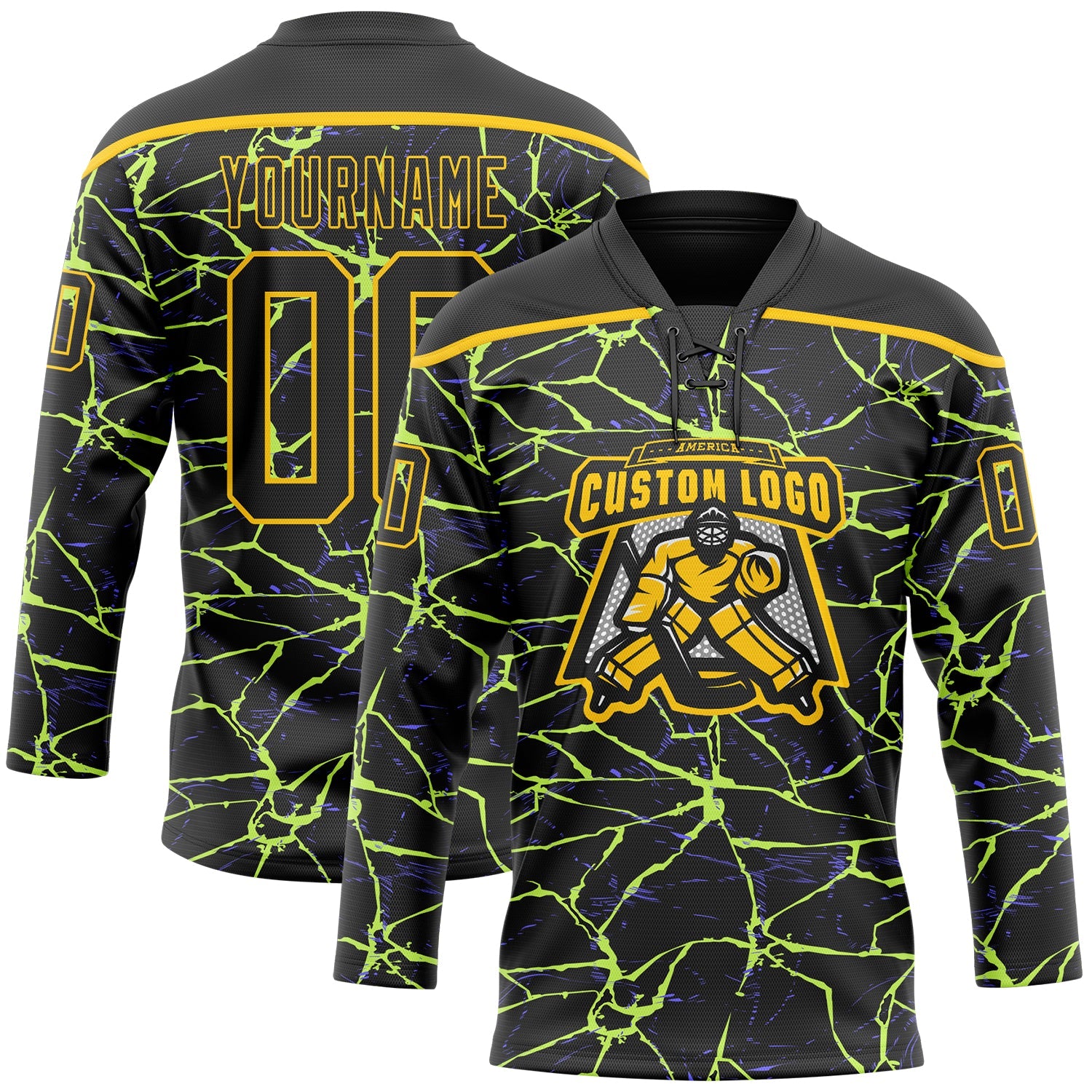 Custom Black Yellow-Purple Lightning Hockey Lace Neck Jersey view 2