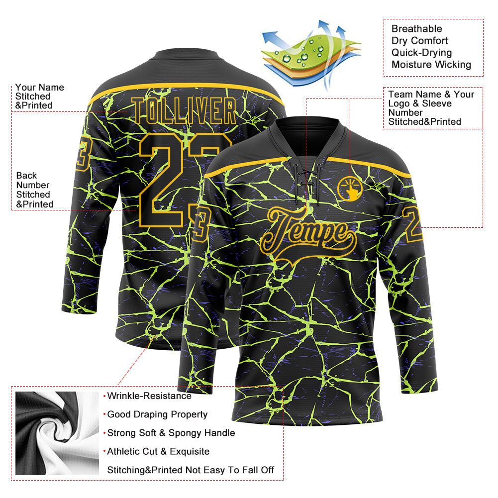 Custom Black Yellow-Purple Lightning Hockey Lace Neck Jersey view 5