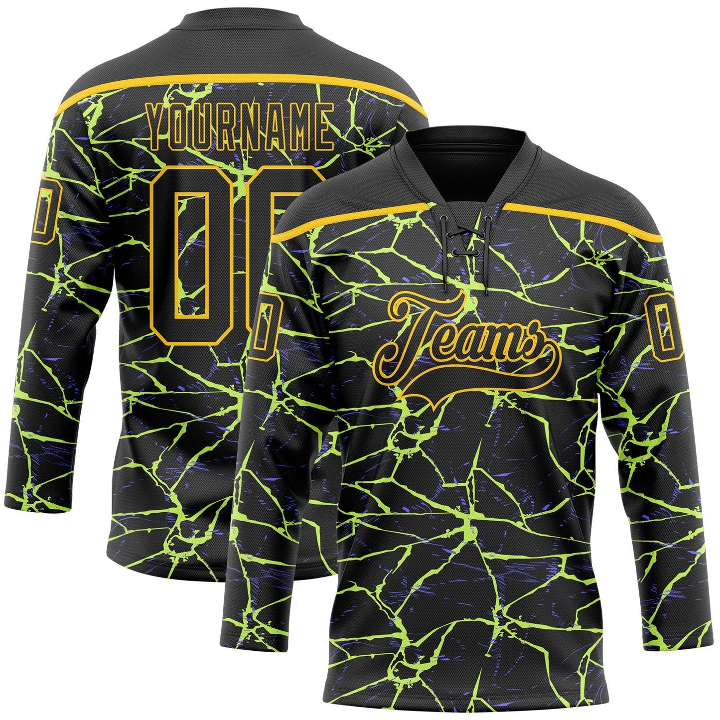 Custom Black Yellow-Purple Lightning Hockey Lace Neck Jersey - Main View