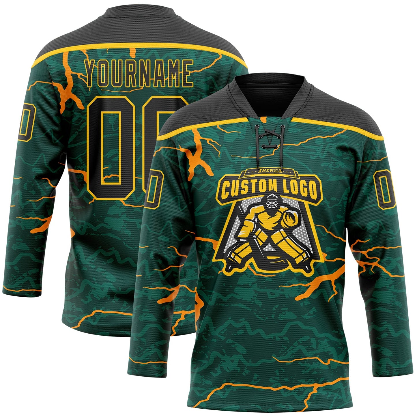 Custom Green Black Orange-Yellow Lightning Hockey Lace Neck Jersey view 2