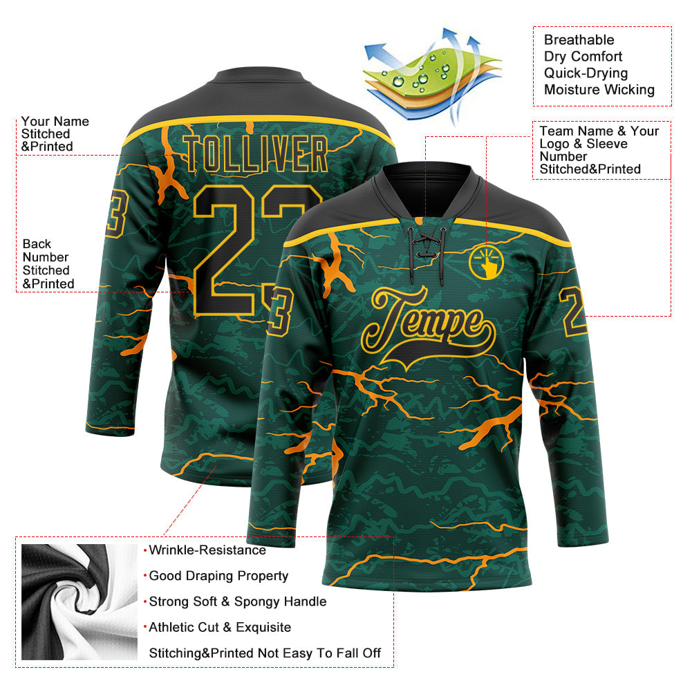 Custom Green Black Orange-Yellow Lightning Hockey Lace Neck Jersey view 5