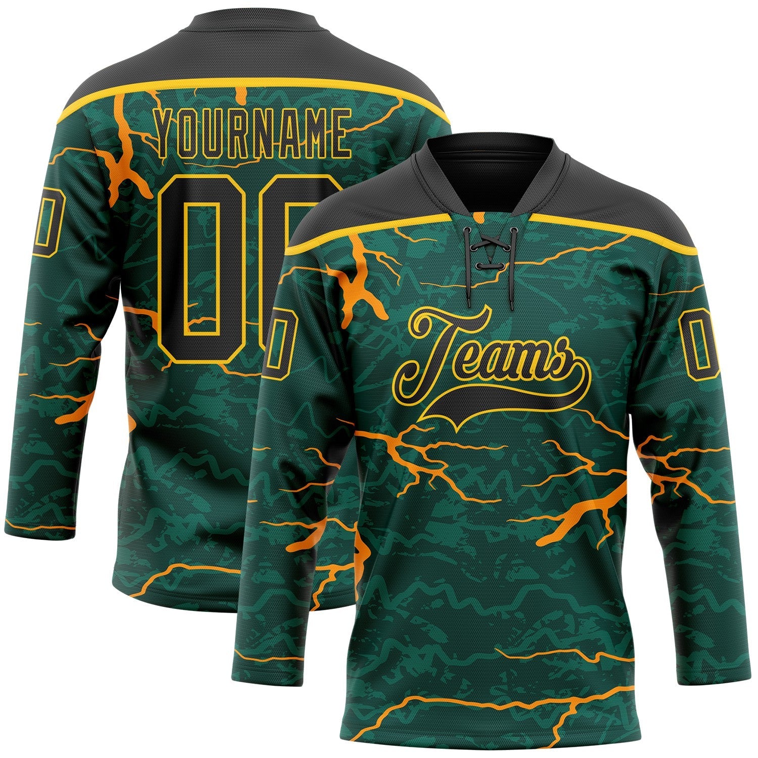 Custom Green Black Orange-Yellow Lightning Hockey Lace Neck Jersey - Main View