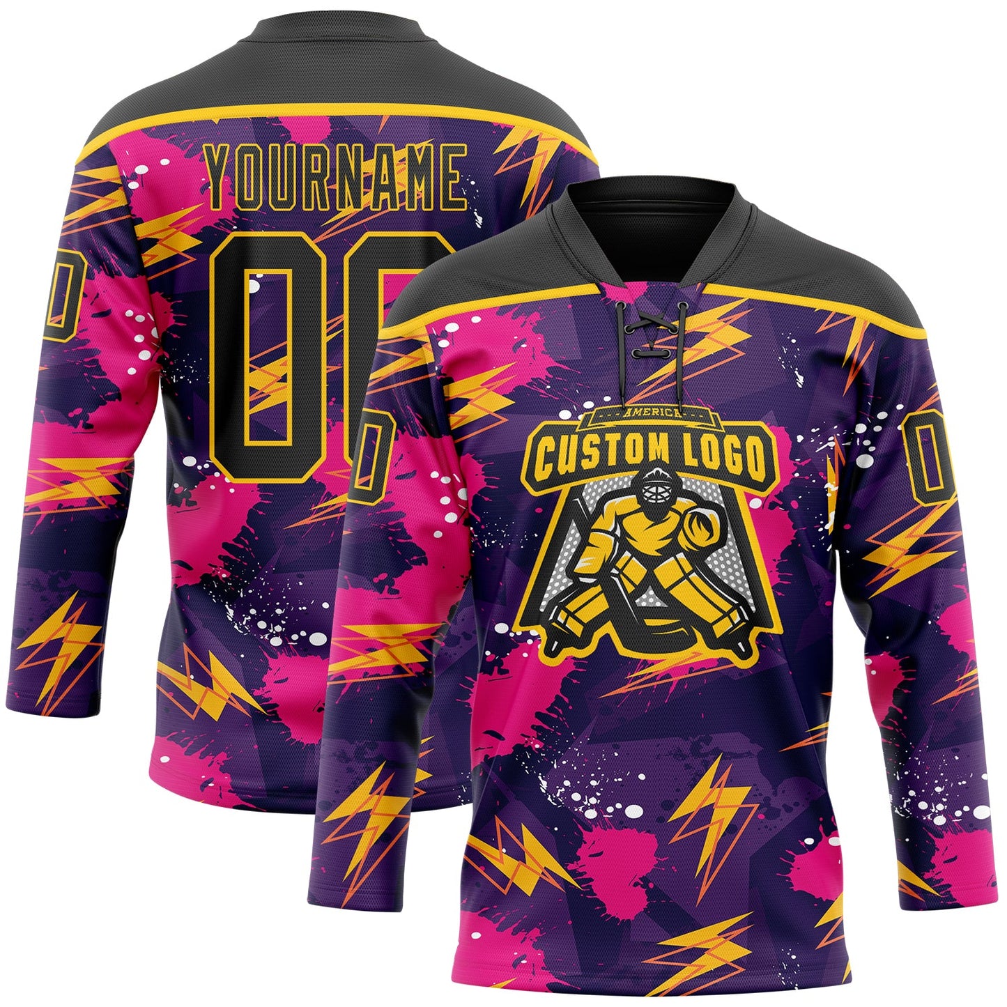 Custom Purple Black Pink-Yellow Lightning Hockey Lace Neck Jersey view 2