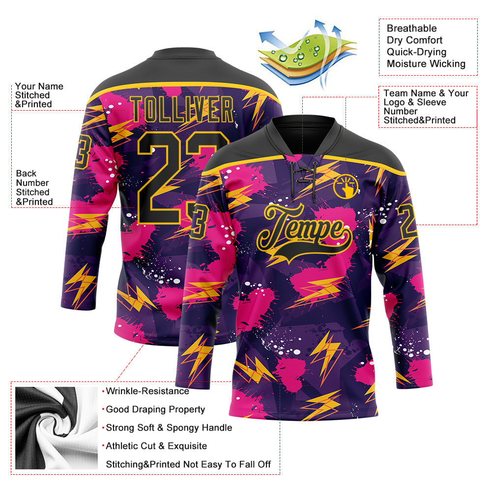 Custom Purple Black Pink-Yellow Lightning Hockey Lace Neck Jersey view 5