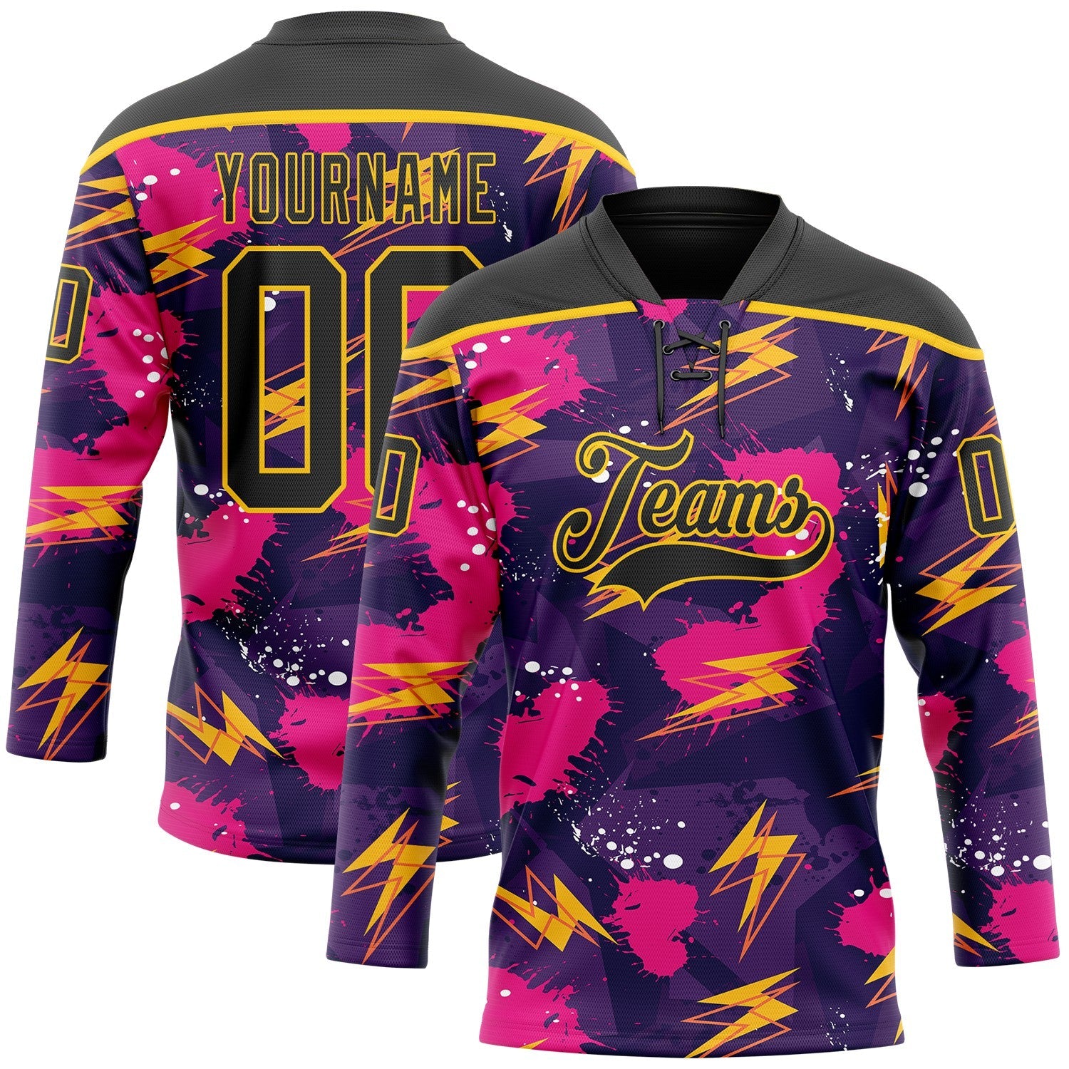 Custom Purple Black Pink-Yellow Lightning Hockey Lace Neck Jersey - Main View