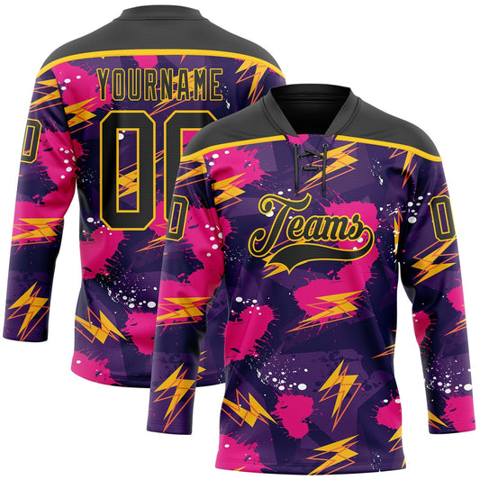 Custom Purple Black Pink-Yellow Lightning Hockey Lace Neck Jersey - Main View